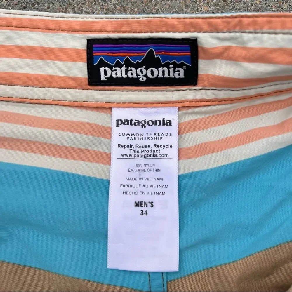 Patagonia size 34 Wavefarer Board Shorts brown blue stripe swim trunks